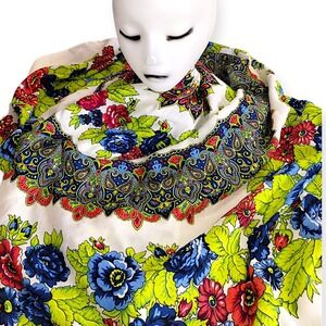 H&M Floral Scarf Cream Red Blue Paisley Boho Festival Accessory Large Square